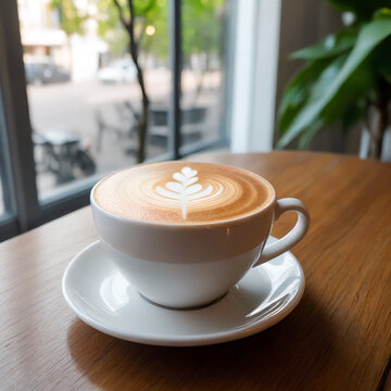 A white cup of hot coffee sits on a table, its aroma promising a jumpstart to the morning Generative AI
