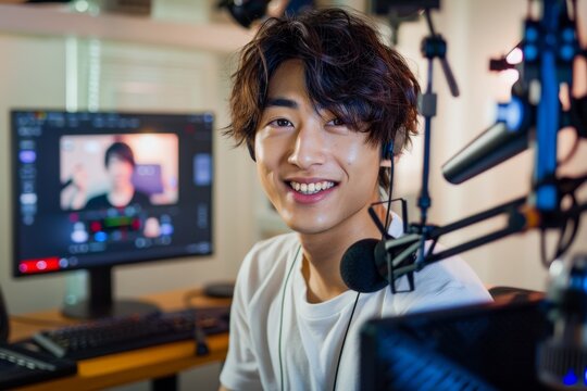 部屋で動画配信の撮影をする日本人男性（ライブ配信・YouTube・ ユーチューバー・クリエイター）