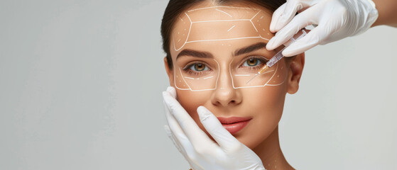 Concept of cosmetic surgery with marks on a woman's face for a procedure.