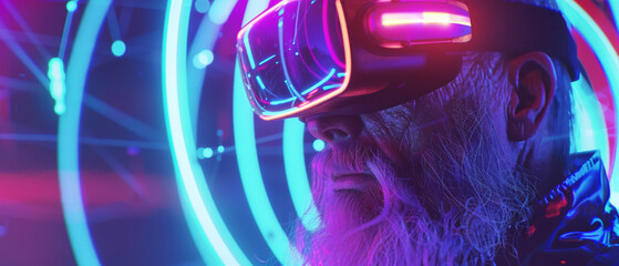 Close-up of a bearded man with neon-lit VR goggles.