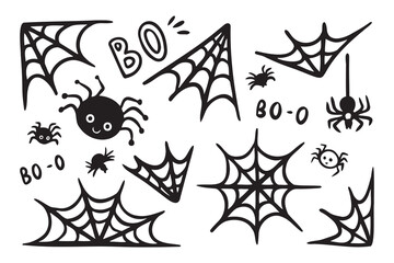 Spider web doodle icons Halloween decoration set. Monochrome Cobweb. Cute Spiders web elements.
