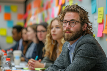 Diverse group of professionals collaborates during a meeting, with colorful sticky notes on the whiteboard in the background