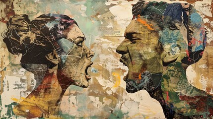 Depict a couple engaged in a passionate debate, expressing conflicting emotions, with a surreal twist in a mixed media collage style