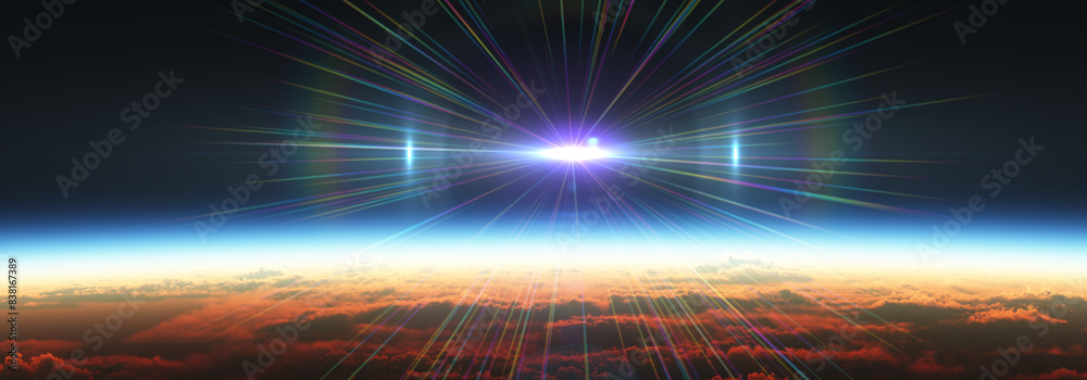 Canvas Prints earth sunrise from space over cloudy ocean. 3d rendering