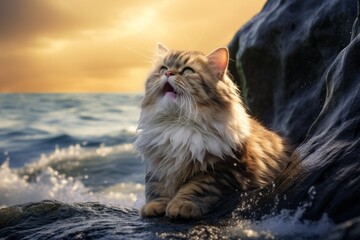 Portrait of a smiling munchkin cat on crashing waves background