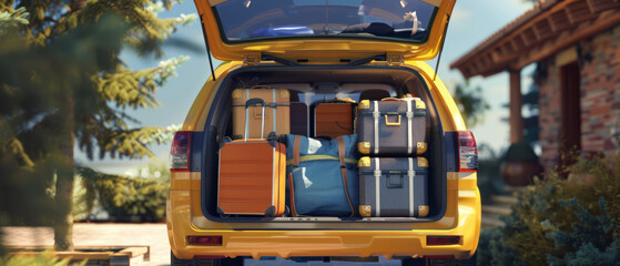 Golden sunlight bathes an open trunk with neat stacks of luggage, inviting thoughts of travel.