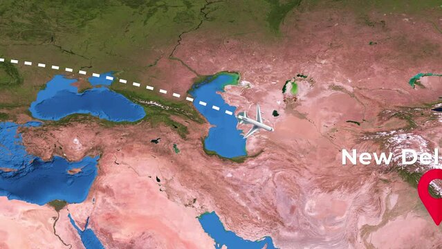 International flight travel route from Paris to New Delhi on worlds map in 4K