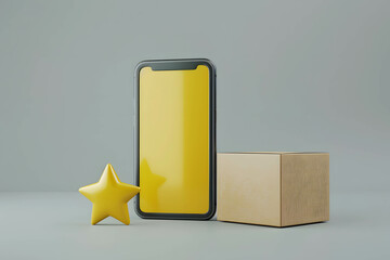 Review rating and feedback in delivery or shopping online concept, 3D smartphone and yellow star and cardboard box, popularity in online shopping trend