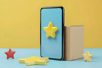 Review rating and feedback in delivery or shopping online concept, 3D smartphone and yellow star and cardboard box, popularity in online shopping trend