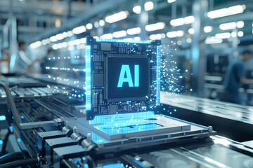Fototapeta premium Development of microchips using AI technology concept, microchip with word “AI” on center and background is chip production factory or lab