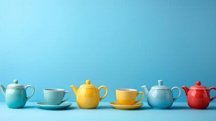 Colorful ceramic cups and teapot arranged on pastel blue background.