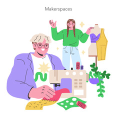 Maker Culture concept A sewing enthusiast and a designer in a makerspace, collaborating in a world of fabric and fashion creation Community and craft in harmony Vector illustration