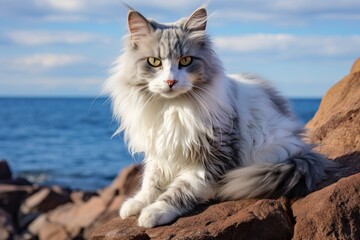 Obraz premium Portrait of a funny american curl cat on rocky shoreline background