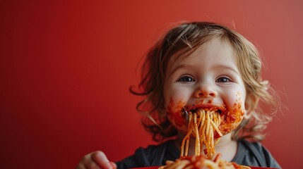 Child eating spaghetti with tomato sauce on a red background. Studio portrait photography. Fun eating and childhood concept.
