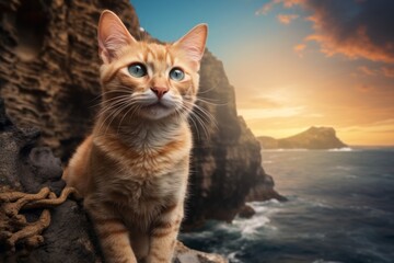 Obraz premium Portrait of a happy singapura cat while standing against dramatic coastal cliff background