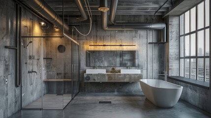 Fototapeta premium An urban loft-style bathroom with exposed pipes, concrete walls, and modern fixtures. The design is industrial and trendy. 