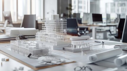 Architectural planning phase of a large construction project, featuring detailed blueprints and 3D models, showcasing meticulous design in a collaborative office environment, emphasizing precision