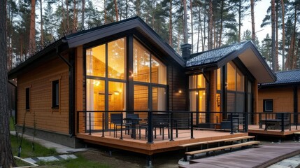 Fototapeta premium a small log house at night, boasting a chic terrace illuminated by atmospheric lights, showcasing a modern interpretation of rustic living that exudes warmth and sophistication.