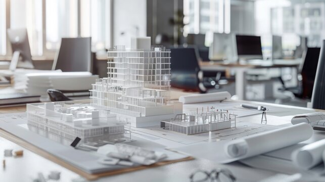 Architectural planning phase of a large construction project, featuring detailed blueprints and 3D models, showcasing meticulous design in a collaborative office environment, emphasizing precision 