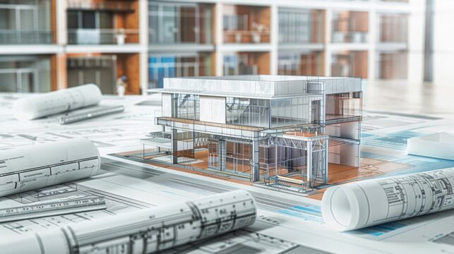 Architectural planning phase of a large construction project, featuring detailed blueprints and 3D models, showcasing meticulous design in a collaborative office environment, emphasizing precision 