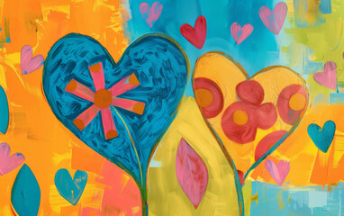 A painting of two hearts with flowers in between them