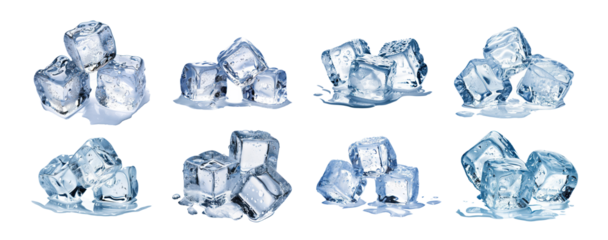 Set of melting ice cubes in various formations, cut out - stock png.