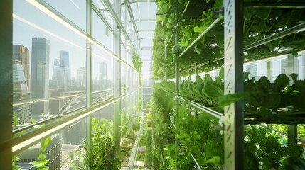 Construction of a high-rise greenhouse, featuring integrated agricultural systems and sustainable design, showcasing urban farming innovation in a city environment, emphasizing food production 