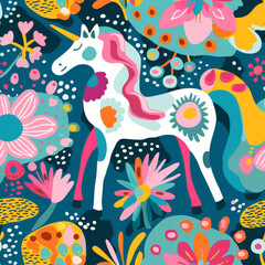 A colorful painting of a unicorn in a field of flowers