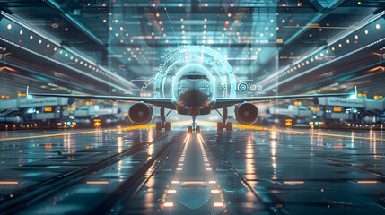 Technology digital future of commercial air transport concept, Airplane taking off from airport runway on city skyline and world map background with copy space, Moving by speed motion blur effect