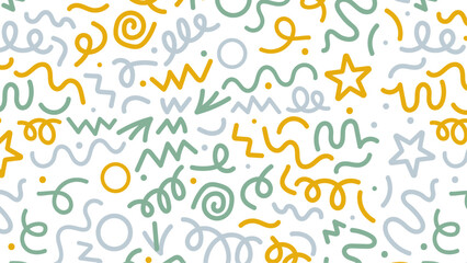 Fun colorful line doodle seamless pattern. Creative minimalist style art background for children or trendy design with basic shapes. Simple childish scribble