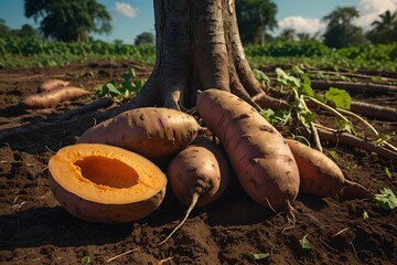 Image of a pile of yellow sweet potatoes placed in a field. The tubers are arranged neatly and regularly in the garden yard, with agricultural land in the background