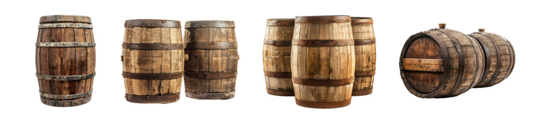 Obraz premium Set of antique wooden barrels in different arrangements, cut out - stock png.