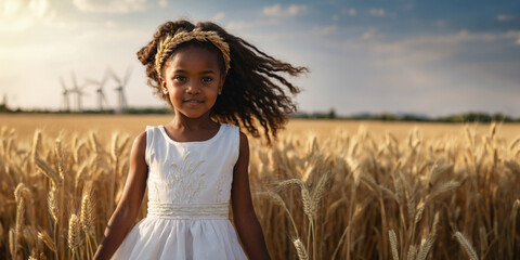 Obraz premium Little joyful girl in a beautiful dress on a wheat field, copy space