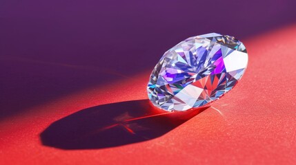 Photograph of one large brilliant cut diamond isolated on purple background with shadow.