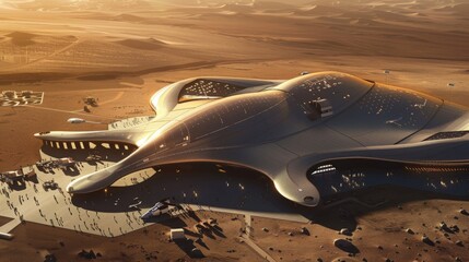 Construction of a spaceport, featuring launch pads and futuristic terminals, showcasing cutting-edge aerospace technology in a remote desert setting, emphasizing space exploration and innovation.