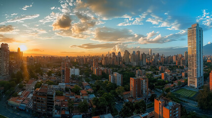 Fototapeta premium A panoramic view of a modern metropolis with skyscrapers and bustling streets. (urban landscape, high resolution).