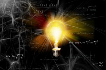 illuminated lightbulb on a background with information analysis.