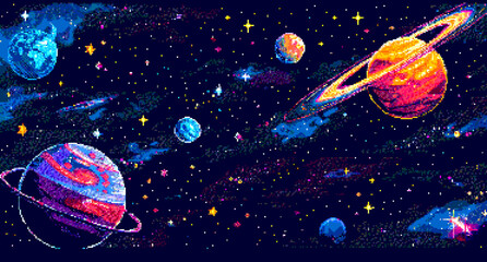 Naklejka premium 8-bit pixel art of a space background with stars, planets and galaxies in the style of game assets for a 2D side-scrolling game style