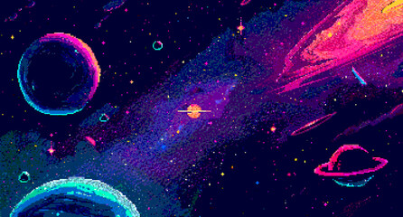 8-bit pixel art of a space background with stars, planets and galaxies in the style of game assets for a 2D side-scrolling game style