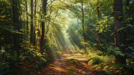 Obraz premium Sunbeams illuminate a path through a lush, green forest.