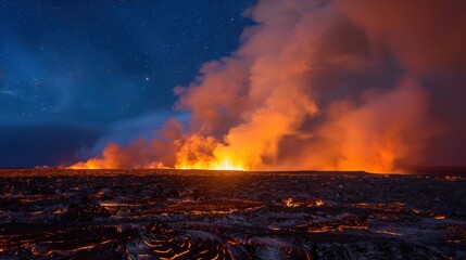 Photos of a volcanic eruption show billowing smoke as lava paints the night sky orange.