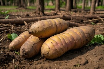 Image of a pile of yellow sweet potatoes placed in a field. The tubers are arranged neatly and regularly in the garden yard, with agricultural land in the background