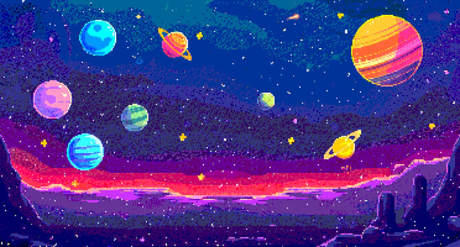 8-bit pixel art of a space background with stars, planets and galaxies in the style of game assets for a 2D side-scrolling game style