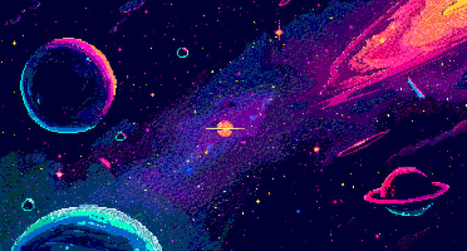 8-bit pixel art of a space background with stars, planets and galaxies in the style of game assets for a 2D side-scrolling game style
