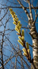 Branch bearing multiple fuzzy, yellow catkins captured against clear blue sky, indicative of early spring. Catkins, densely packed along twig, part of larger tree with visible white.