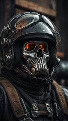 Fototapeta premium Futuristic helmet with orange-tinted goggles being worn, resembling gas mask. Background blurred. Helmet has intricate details, mechanical components, suggesting setting of advanced technology.