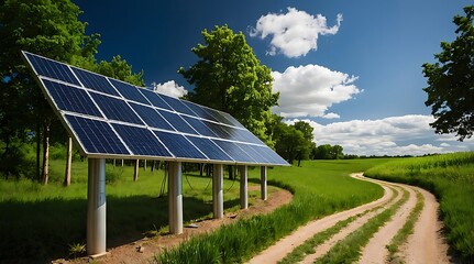 Solar panels in green environment, ESG, Green energy, clean air, anti pollution programs, replaceable energy