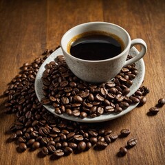 Fototapeta premium White cup, brimming with black coffee, graces saucer abundant with roasted coffee beans. This scene unfolds on wooden table backdrop. Deep.
