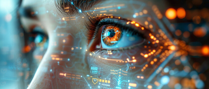 Close-up of a human eye with futuristic digital interface, representing technology and innovation in a digital world.