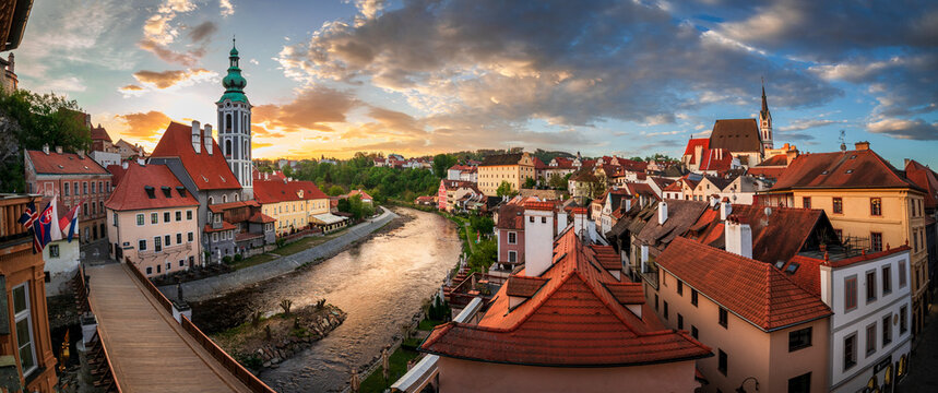A panorama sunset view of the old town of Cesky Krumlov, Czechia.